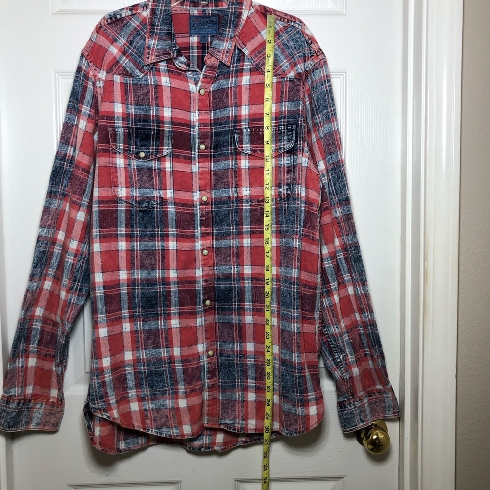 Lucky Brand Washed & Worn Cotton Red White Blue Pearl Snap Plaid Shirt  L - Picture 14 of 15